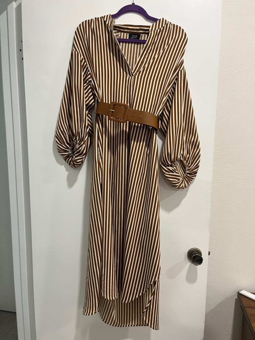 Vici Brown and White Striped High-Low Dress with Belt